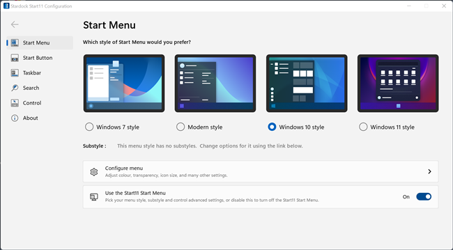 As opções de personalização do menu Iniciar do Start11 com o menu Iniciar do Windows 10 selecionado.