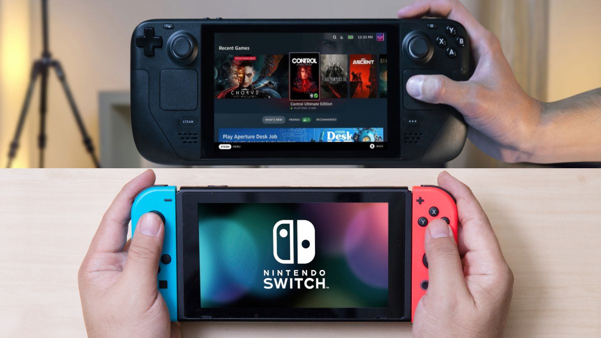 Um console Steam Deck colocado acima de um Nintendo Switch.