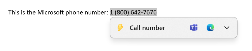 Pop-up para 'Número de chamada' ao selecionar texto