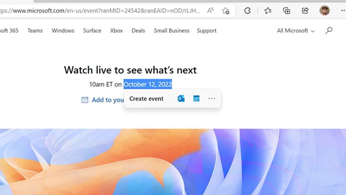 Captura de tela da barra de ações sugeridas que aparece após selecionar uma data no navegador Microsoft Edge