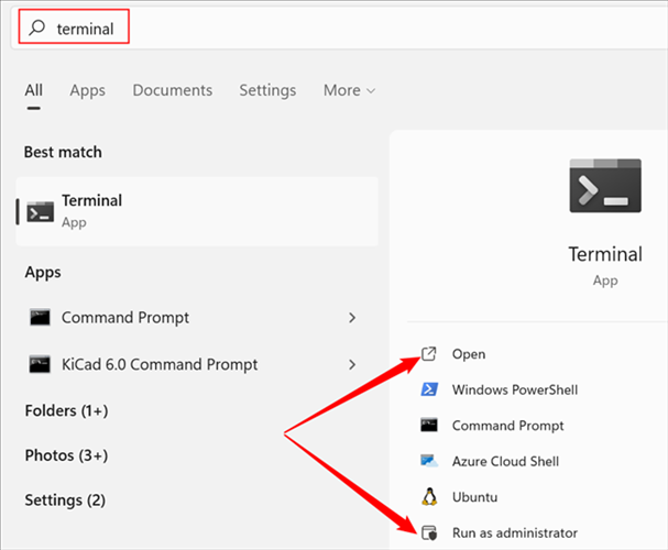 Digite “Terminal” na pesquisa do menu Iniciar e clique em “Abrir”.