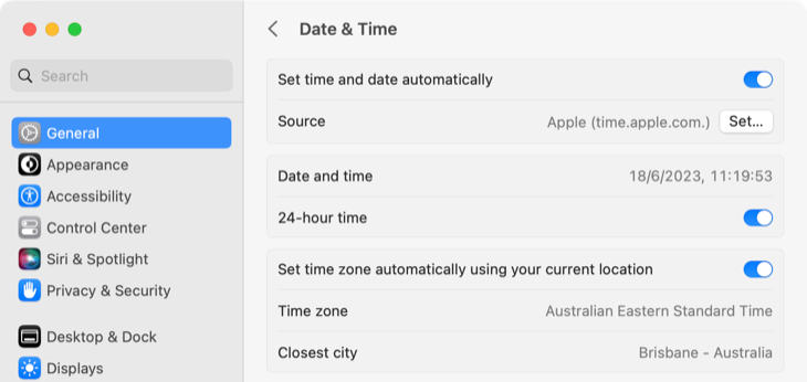 Defina hora e data automaticamente no macOS
