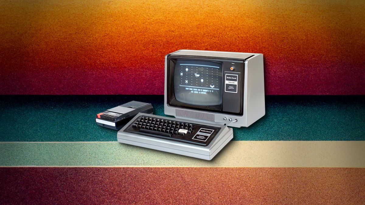 O computador TRS-80 Modelo I em um fundo colorido dos anos 1970