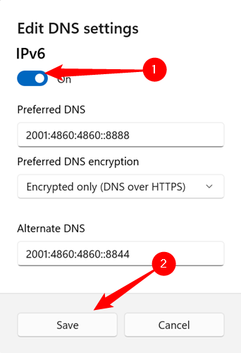 Clique no botão de alternância e desative o IPv6.