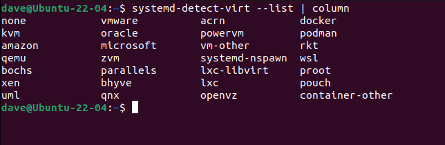 O conjunto completo de respostas que o systemd-detect-virt pode retornar