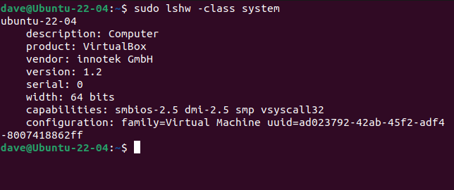 O comando lshw reportando em uma VM VirtualBox