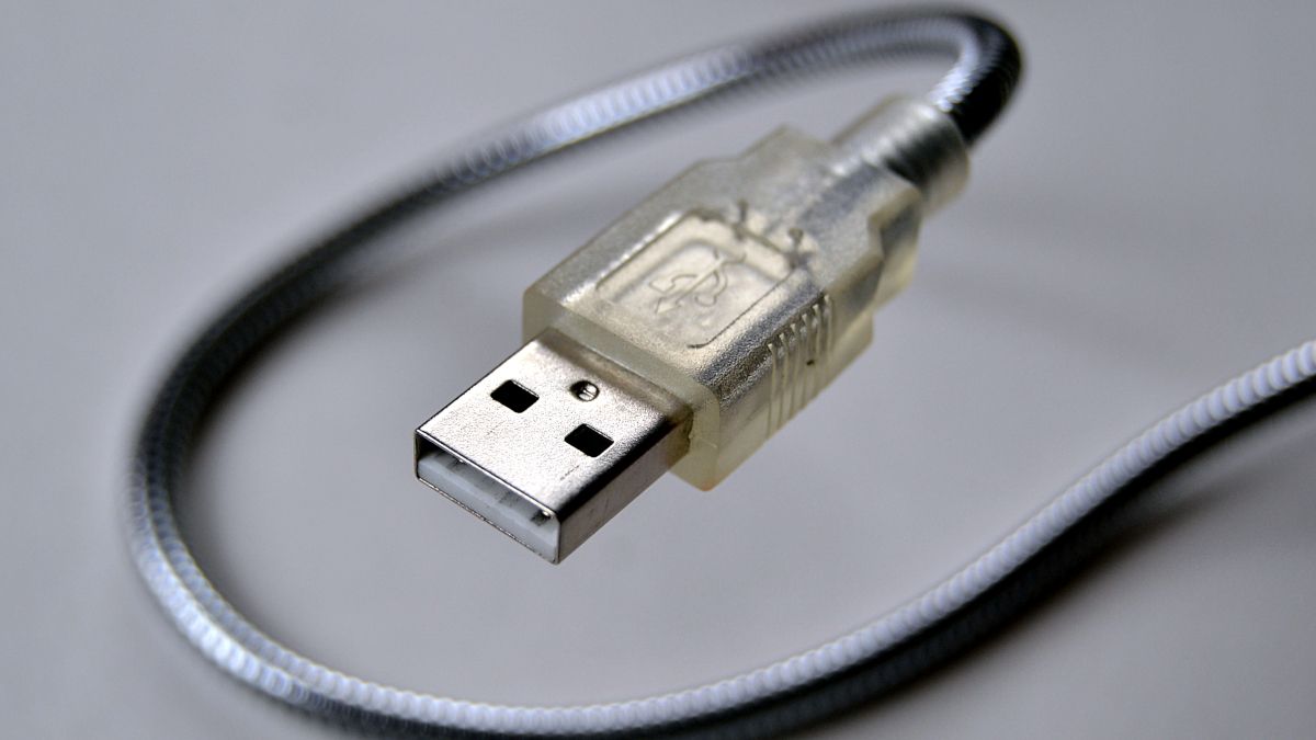 Close de um conector de cabo USB-A com caixa semitransparente.