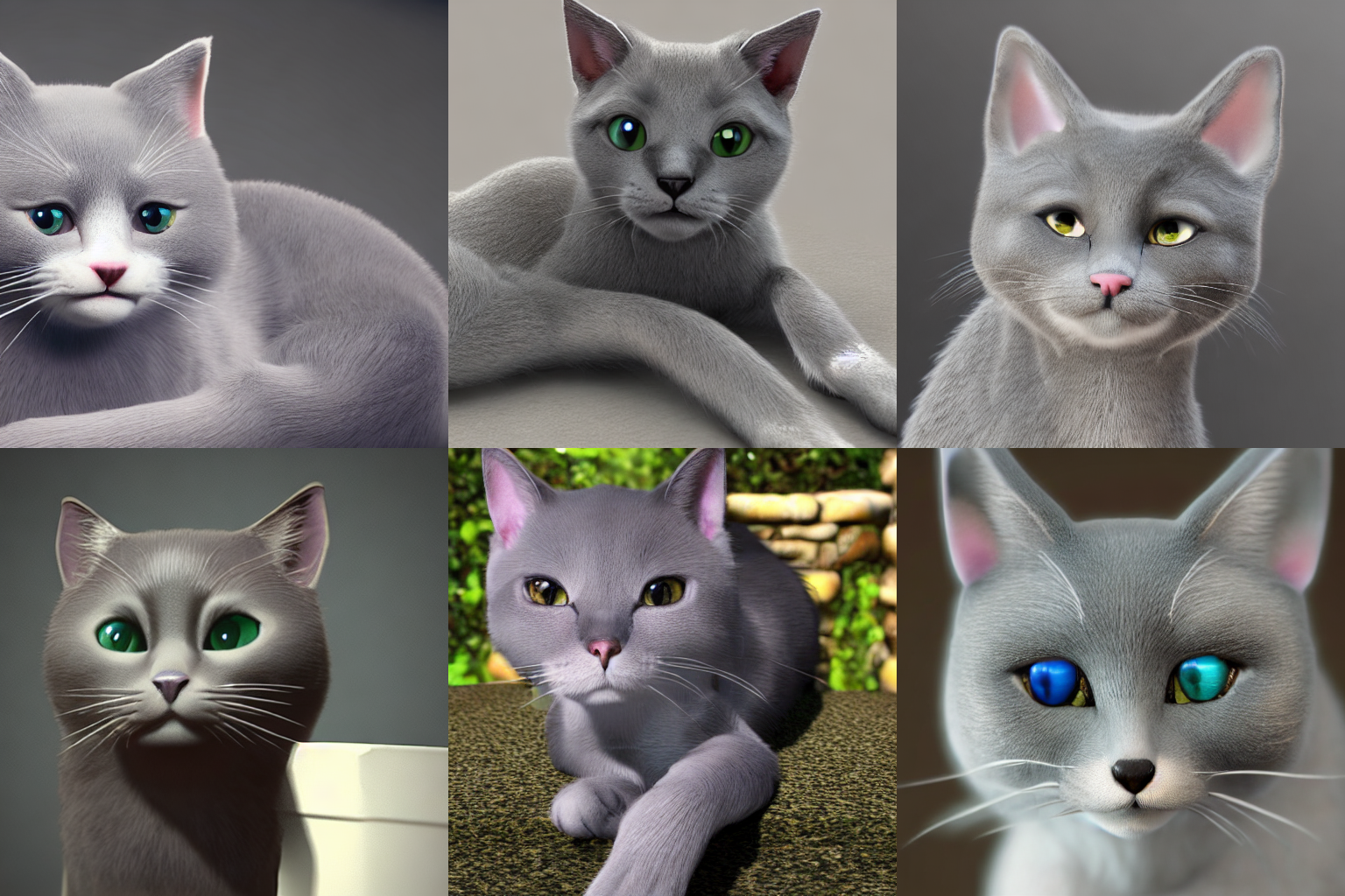 Outro exemplo de gatos cinzentos no estilo "Unreal Engine".