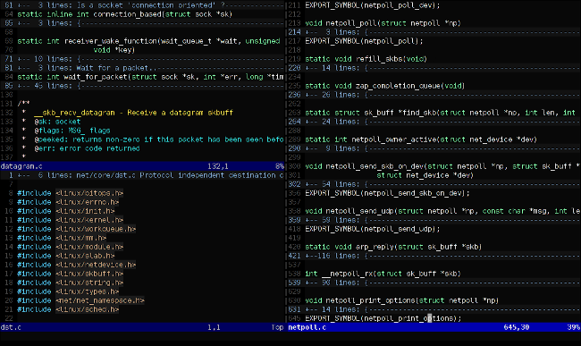 Interface principal do Vim com módulos extras