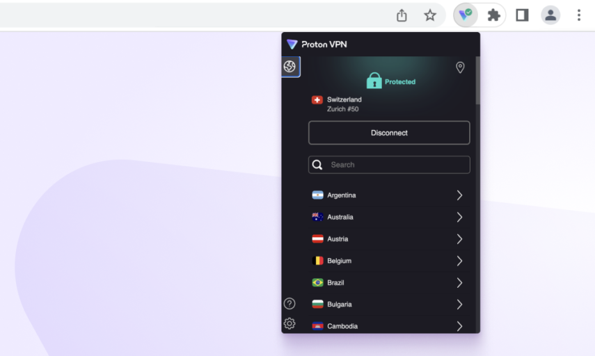 Captura de tela da extensão Proton VPN