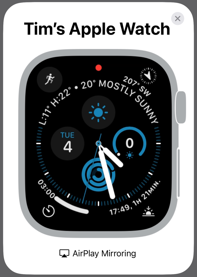 Mostrador do Apple Watch no modo de espelhamento