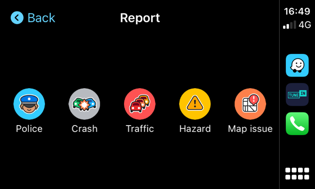 Interface do Waze CarPlay ao relatar incidente
