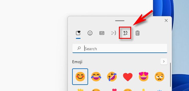 No menu emoji do Windows, clique no botão de símbolos.