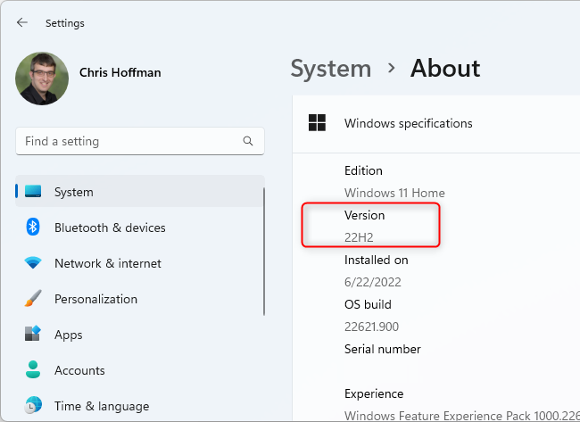 O número da versão exibido nas configurações do Windows 11.