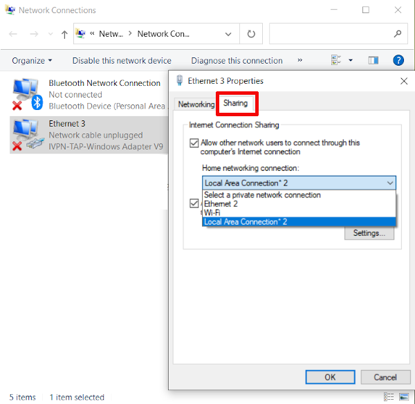 Windows seleciona LAN para compartilhamento