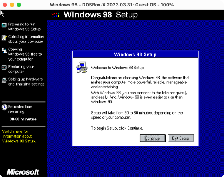 Use o instalador para instalar o Windows 98