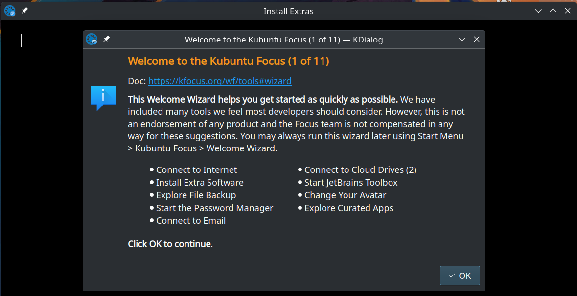 O assistente de configuração do Kubuntu Focus.