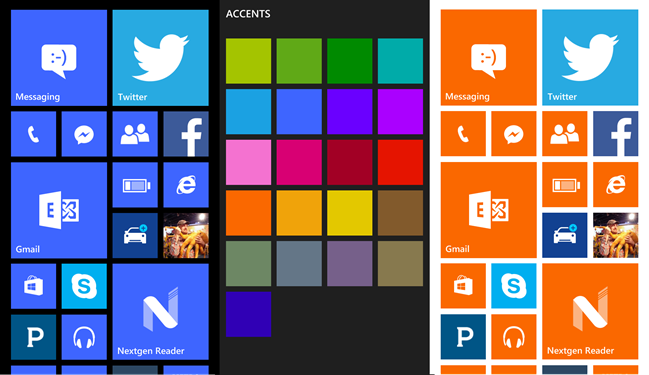 Opções de cores do Windows Phone.