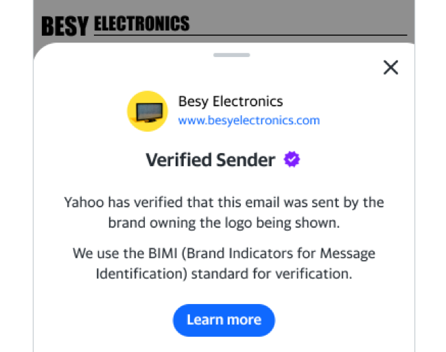 Yahoo!  Implementação de Mail BIMI em aplicativos móveis