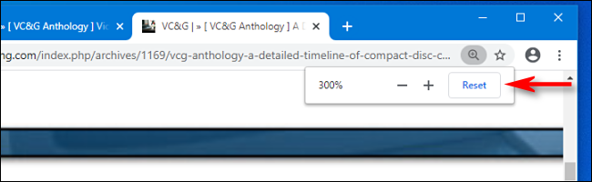Clique no botão redefinir no pop-up Zoom no Google Chrome para redefinir o zoom