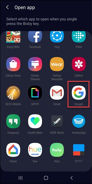 Abra a caixa de diálogo do aplicativo com o Google call out.