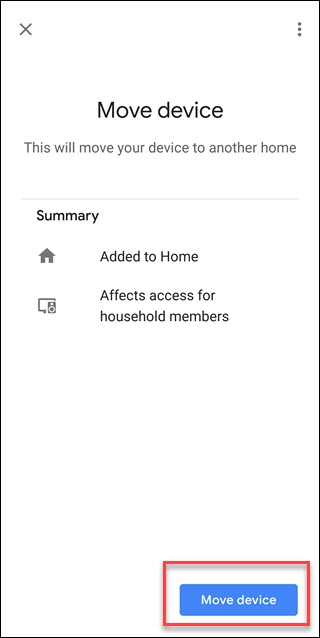 Tela do assistente do Google com uma caixa ao redor da opção Mover dispositivo